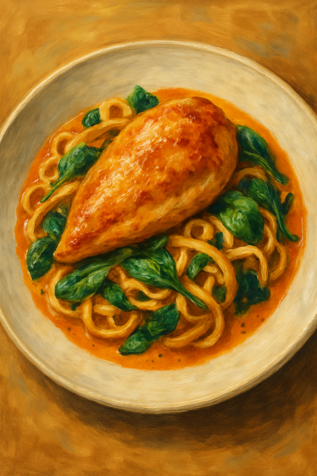 kurczak w kremowym sosie z makaronem i szpinakiem